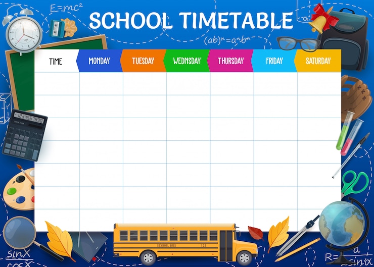 Vector school timetable, weekly pupil schedule template