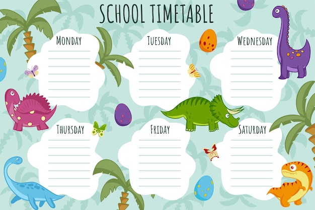 school timetable. weekly schedule vector template for school students, decorated with colorful dinosaurs, butterflies and palm trees.