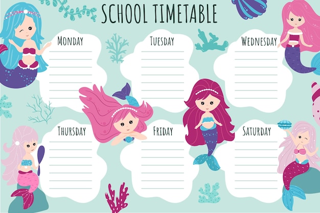 School timetable. weekly schedule vector template for school students, decorated with elements of the underwater world, mermaids, corals, algae, shells.