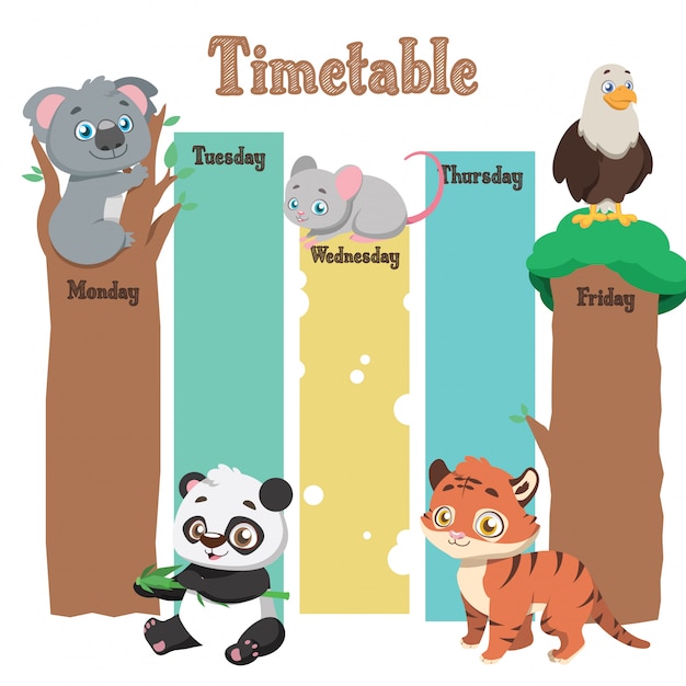 Vector school timetable with cartoon animals