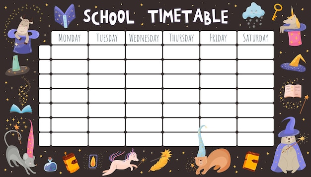 School timetable with cartoon fairytale characters