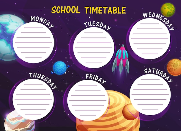 Orario scolastico con pianeti spaziali dei cartoni animati
