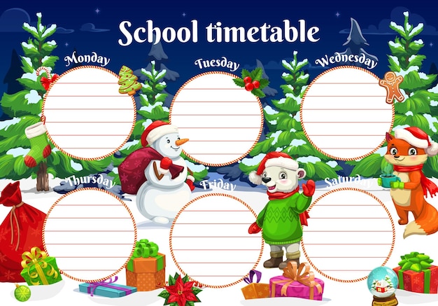 school timetable with christmas animals characters