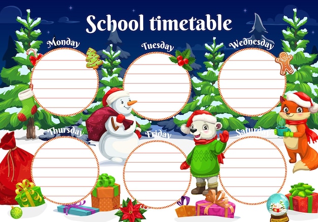 School timetable with Christmas animals characters