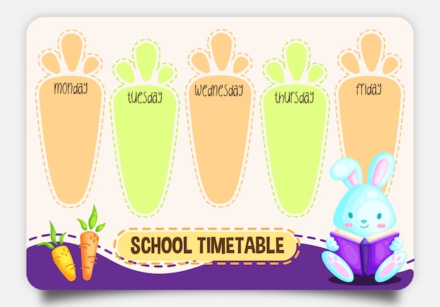 School timetable with cute rabbit reading book character