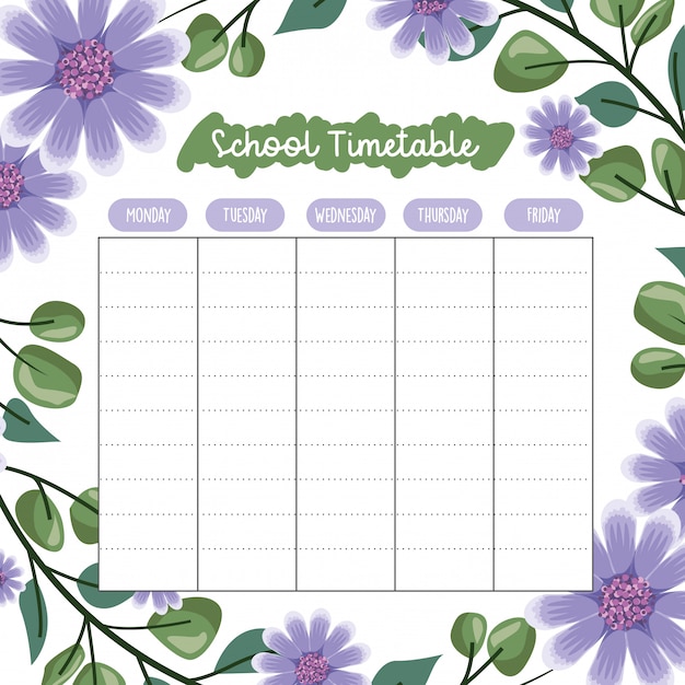 Vector school timetable with flowers and leaves