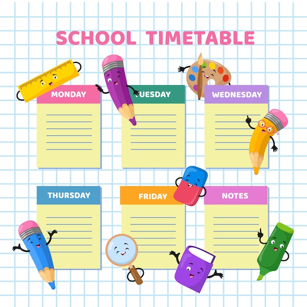 Vector school timetable with funny cartoon stationery characters. children weekly class schedule vector template