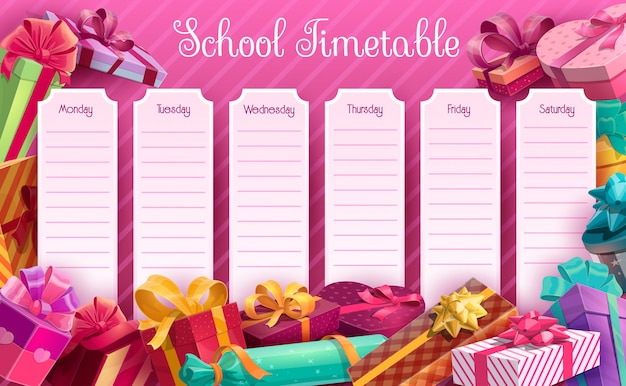 Vector school timetable with gift boxes  template