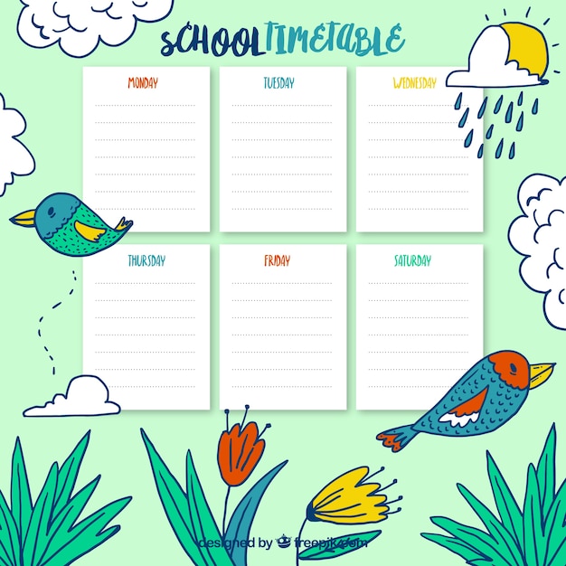 Vector school timetable with hand drawn birds and flowers