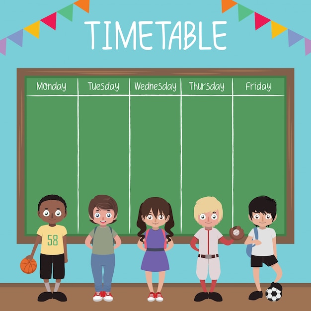 School timetable with kids and blackboard