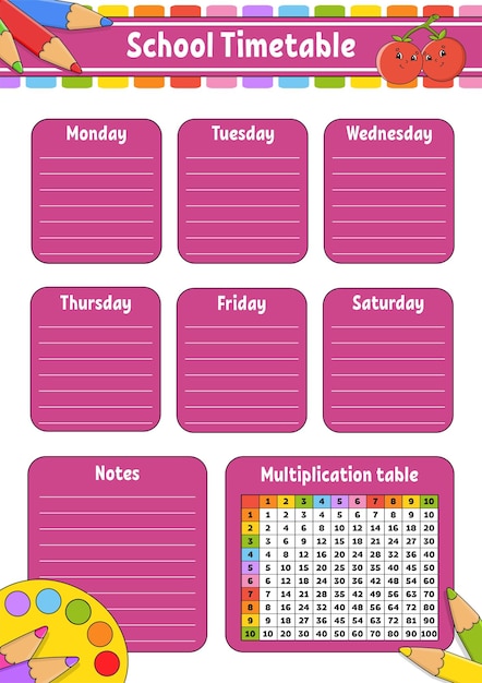 School timetable with multiplication table For the education of children Isolated on a white background With a cute cartoon character