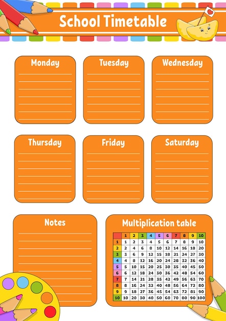 School timetable with multiplication table For the education of children With a cute cartoon character