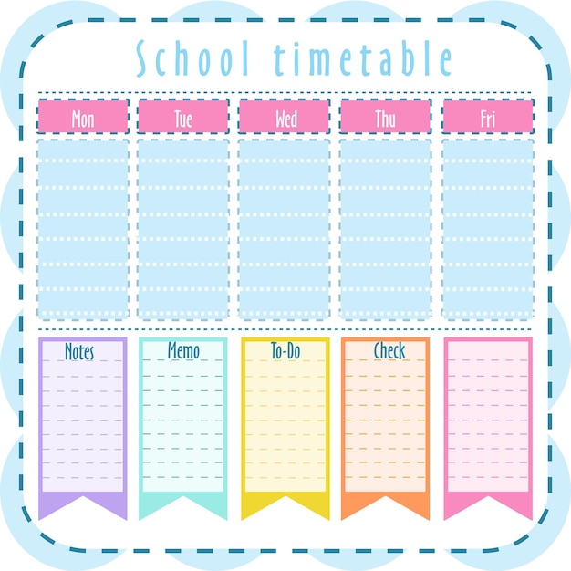 Vector school timetable with rainbow weekly planer for kid's education vector reminder ready for print