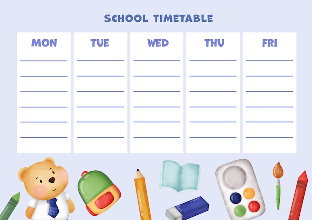 Vector school timetable with teddy bear.