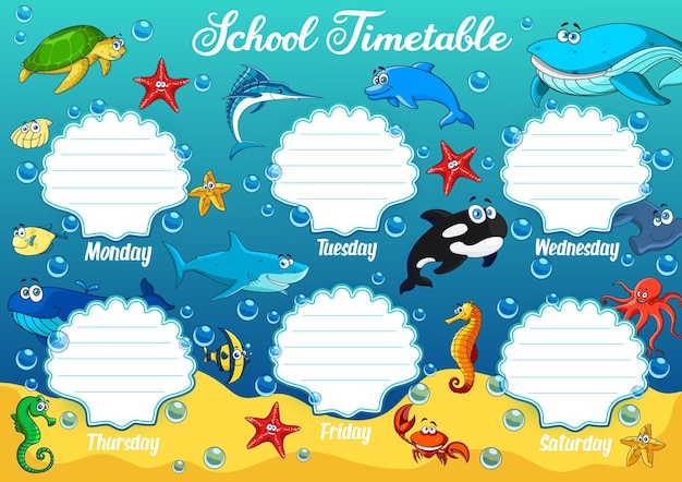 水中漫画の動物との学校の時間割。面白いカメ、ヒトデとサメ、タツノオトシゴ、クジラとタコの教育スケジュール。海のイルカやカジキと週の時間割テンプレート