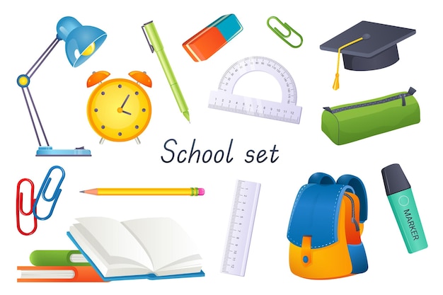 School tools 3d realistic set vector illustration isolated elements