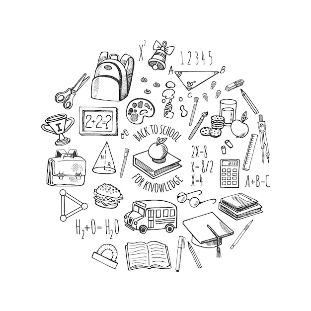 Isolamento delle icone di schizzo degli strumenti scolastici in un'illustrazione del disegno vettoriale circolare scuola di sfondo