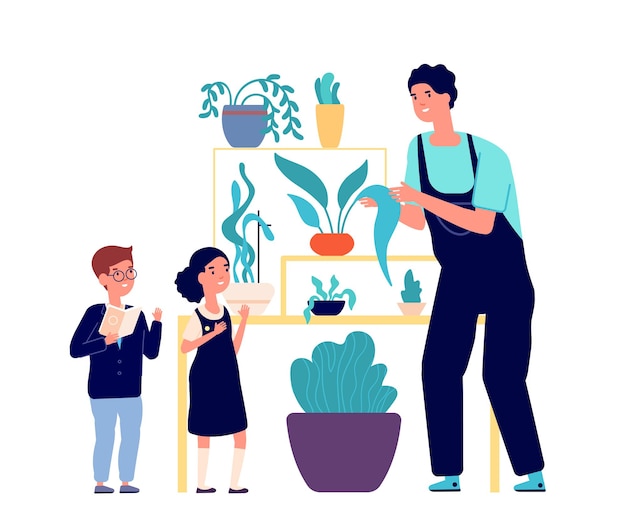 School tuin. Kind plant bloem, tuinman educatieve kinderen met planten. Plantkunde of ecologie les, biologie studenten vector concept. Illustratie onderwijs tuinieren en bloemperk