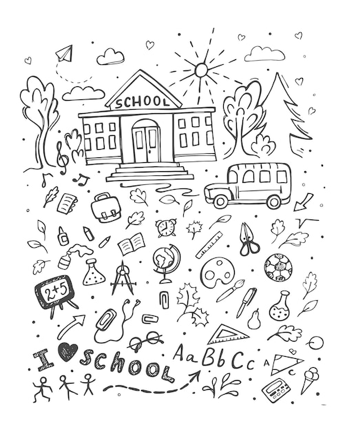 Vector school vector doolde set education concept doodle elements connected with school