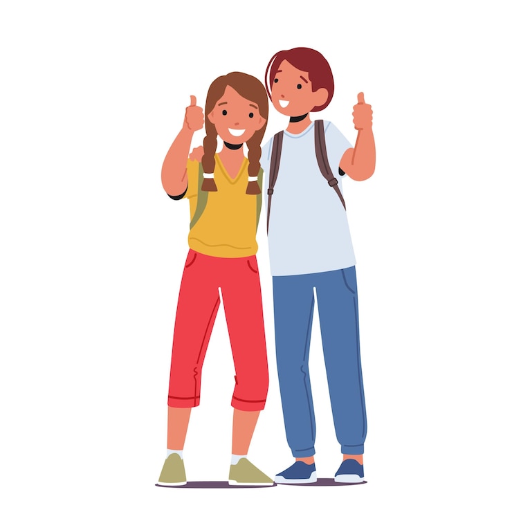 School vrienden meisje en jongen staan samen duim opdagen kinderen leerlingen tekens met rugzakken kinderen onderwijs gelukkig klasgenoten positief gelukkig scholieren Cartoon mensen vectorillustratie