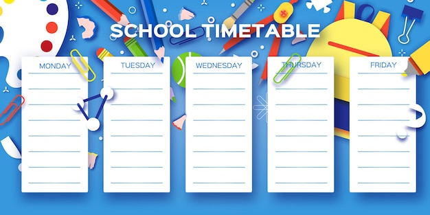 School Wekelijks Tijdschema. Schooluitrusting op elke dag. Kinderrooster, Wekelijks Curriculum Template, School start, Schoolchild, 1 2 3 class, Blue