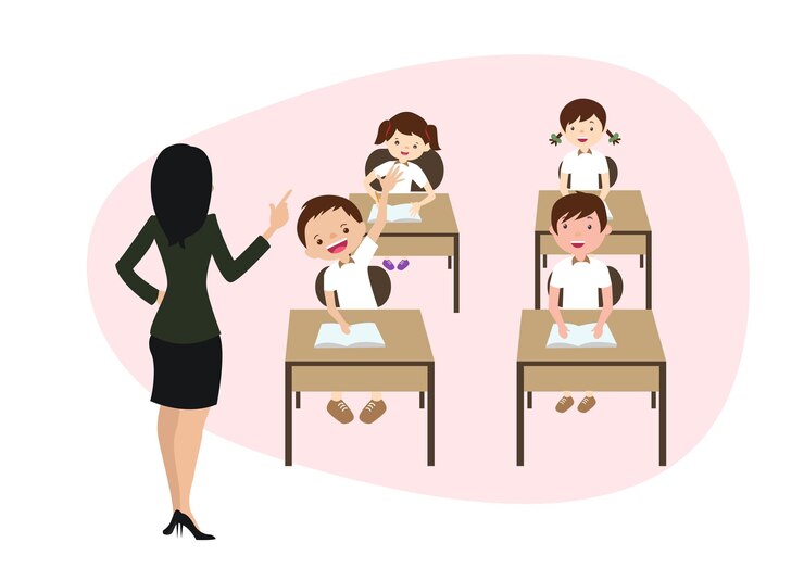 Vector a school with characters students and teachers in classroom conceptual situations elementary education cartoon vector picture