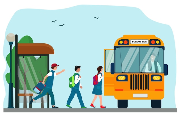 Vector school yellow bus, bus stop. children, students, schoolchildren rush to school.