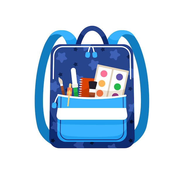 Schoolbag with school supplies in front pocket of bag. Kids backpack with stationery. Packed schoolchild knapsack with pen, brush and paint. Flat vector illustration isolated on white background