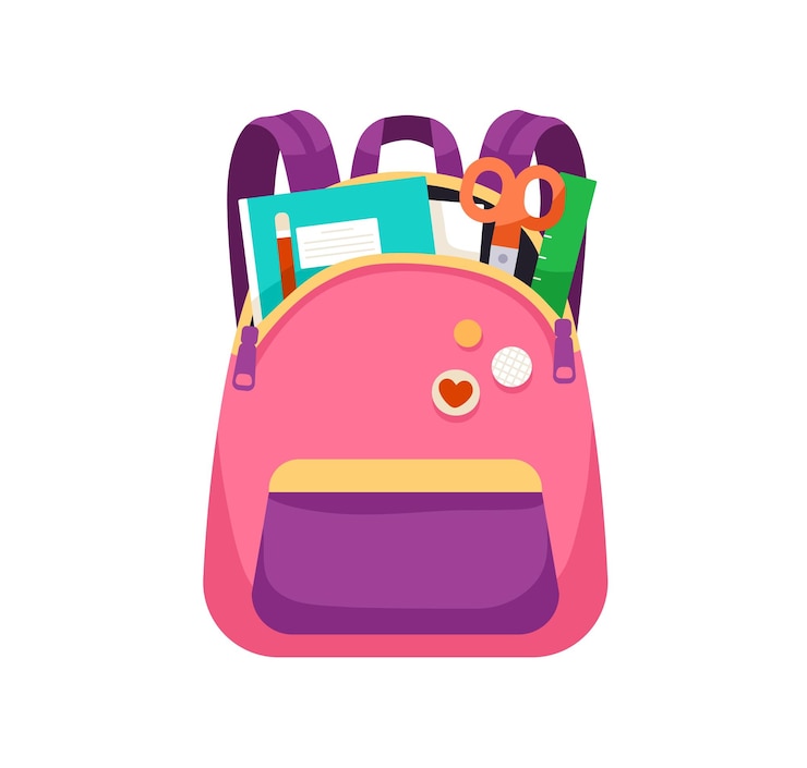 Vector schoolbag with stationery in open pocket. front view of girlish school bag packed with pens and notebooks. kids backpack. knapsack with badges. flat vector illustration isolated on white background