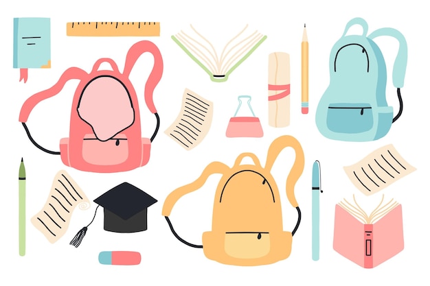 Schoolbenodigdheden en items set geïsoleerd op witte achtergrond terug naar school onderwijs werkruimte accessoires vector illustratie
