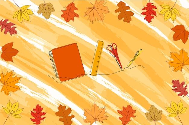 Vector schoolbenodigdheden worden in één lijn getekend op een achtergrond met herfstbladeren terug naar school