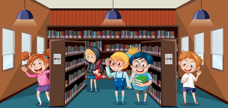 Vector schoolbibliotheekscène met gelukkige kinderen