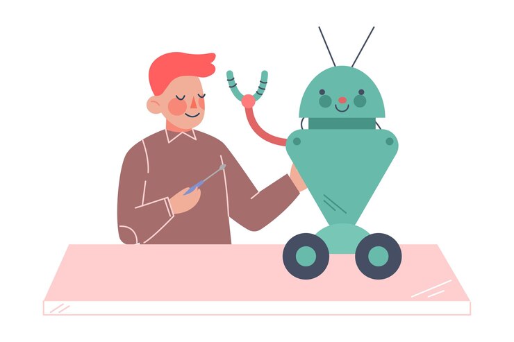 Vector schoolboy assembling robot boy engineer character working on educational project cartoon style vector illustration