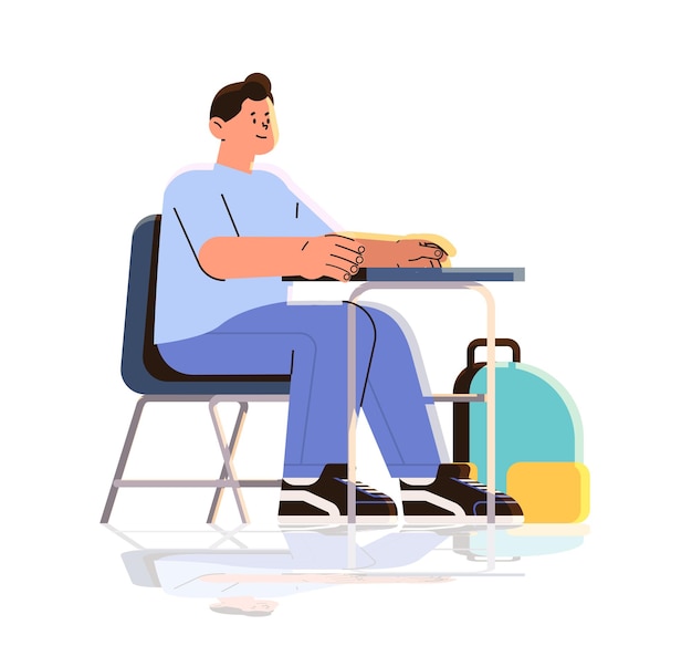 Персонаж школьника с рюкзаком, сидящий за столом, обратно в школу, концепция начального образования, векторная иллюстрация