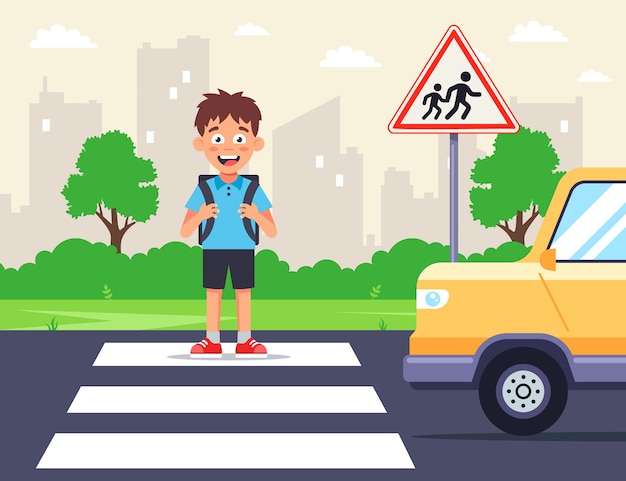 Vector a schoolboy crosses the road on a zebra crossing. the car passes a pedestrian. children caution road sign. flat illustration.