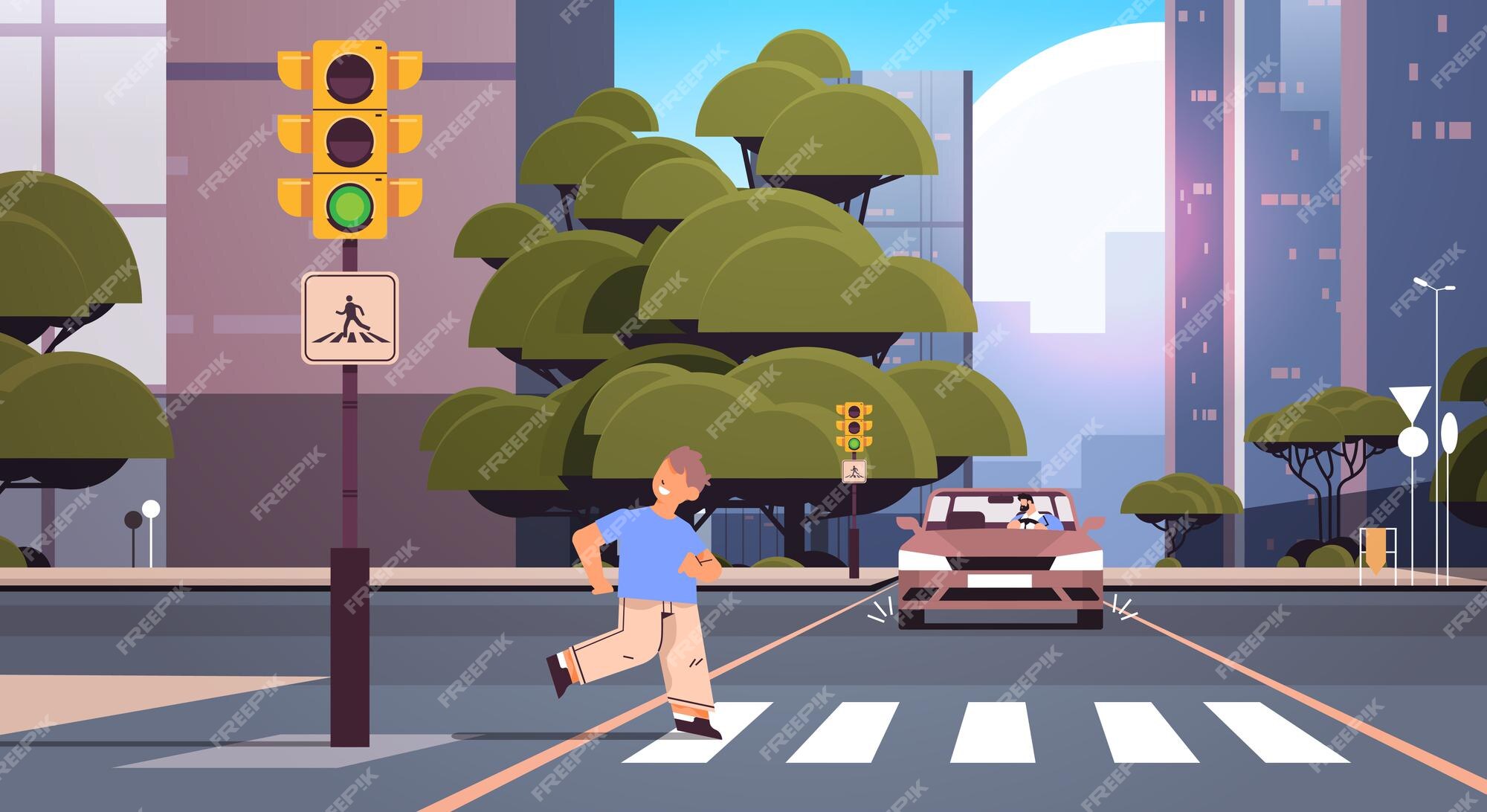 Pedestrian Safety And Car Driving Rules Schoolboy Crossing The Road  Directly In Front Of A Red Car Dont Jaywalk Make Sure To Use Crosswalk  Stock Illustration - Download Image Now - iStock