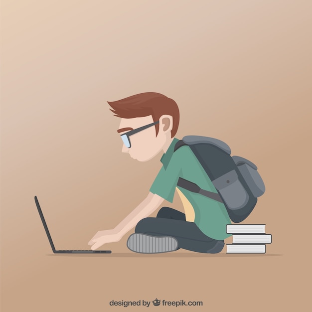 Vector schoolboy studying in his laptop