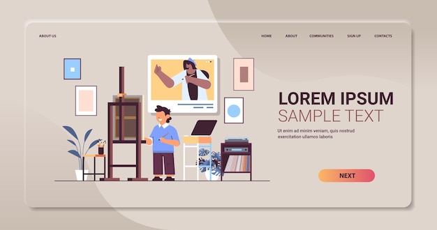 Scolaro con l'insegnante artista nella finestra del browser web che dipinge l'immagine durante la videochiamata autoisolamento
