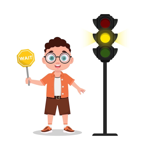 Schoolboy with a waiting sign. The traffic light shows a yellow signal. vector illustration