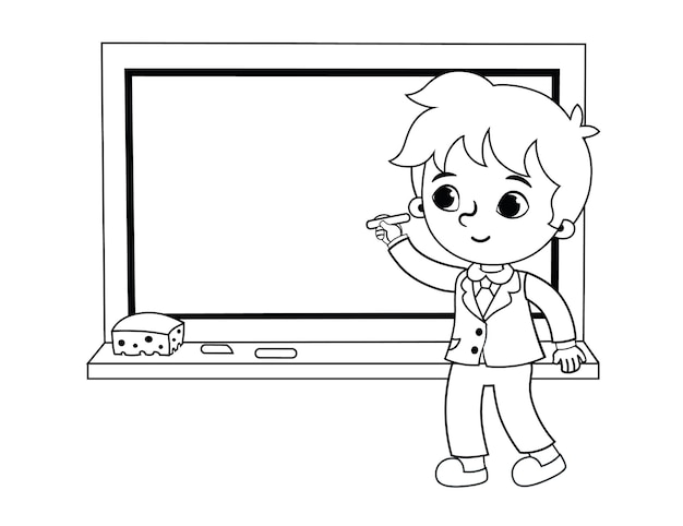 Schoolboy writing on the blackboard Black and white vector illustration