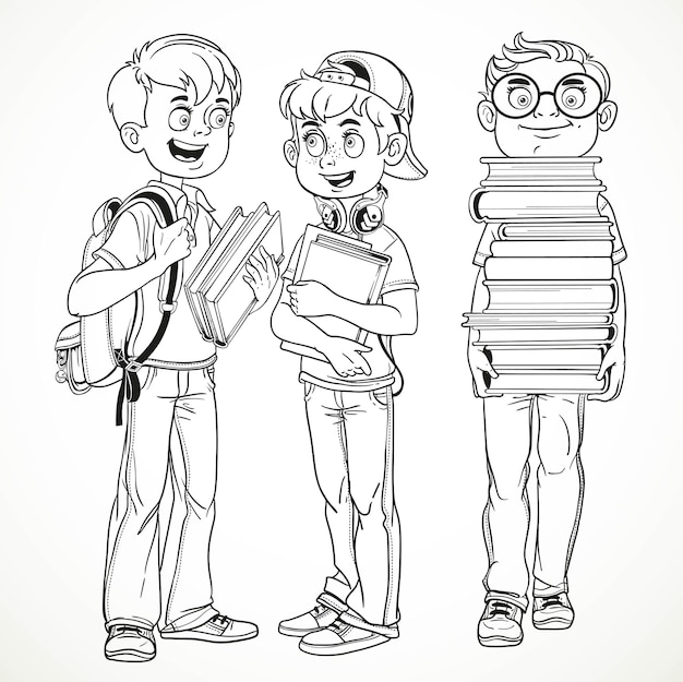 Schoolboys with textbooks and backpacks talk line drawing isolat