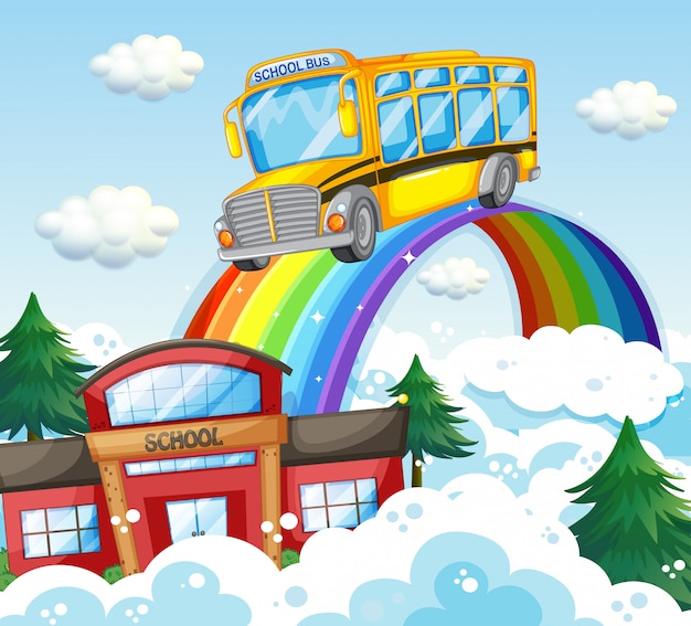 Schoolbus die over de regenboog berijdt