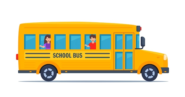 Schoolbus en Happy Children Kids in gele klassieke schoolbus Amerikaans onderwijs Terug naar school