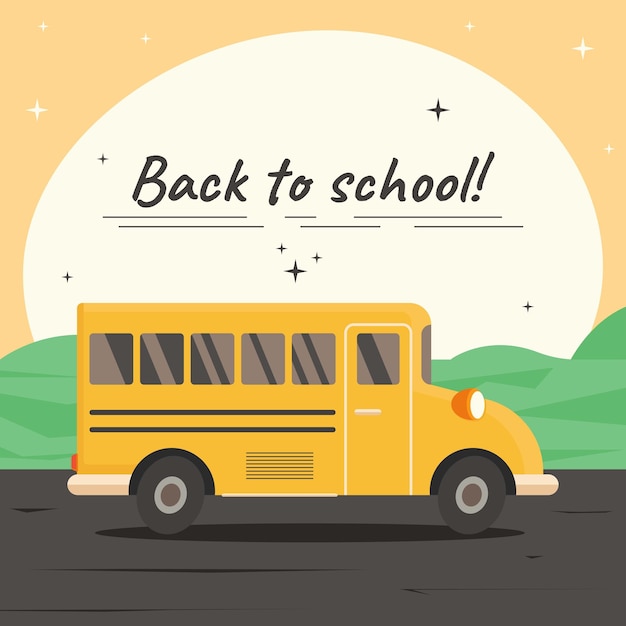 Schoolbus op de weg en tekst terug naar school