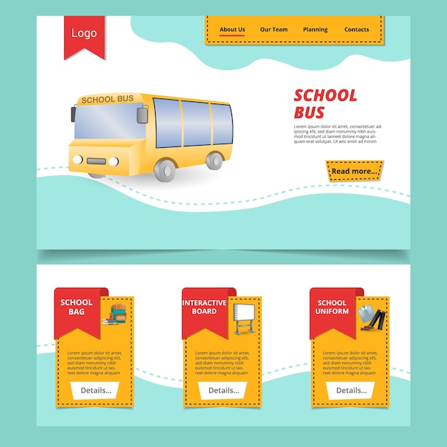 Schoolbus platte bestemmingspagina website sjabloon Schooltas interactief bord schooluniform Webbanner met koptekst en voettekst Vectorillustratie