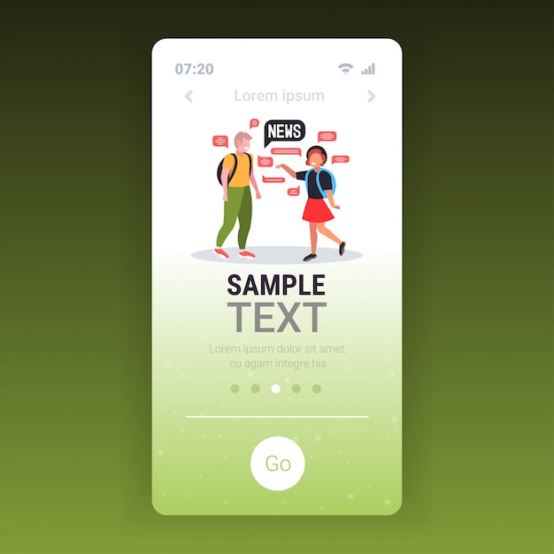 학생 부부는 매일 뉴스 채팅 거품 통신 개념을 논의하는 회의 중 채팅. 스마트 폰 화면 모바일 앱 템플릿