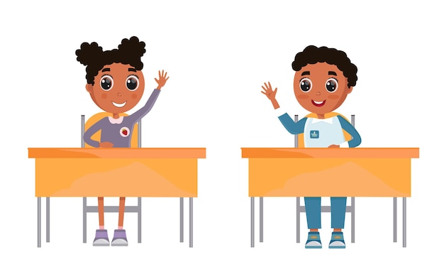 Schoolchildren with dark skin sit at their desks. White background. Cartoon illustration.