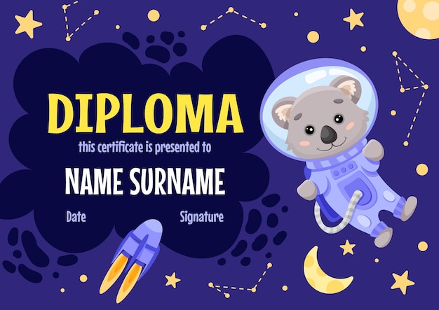 Schooldiploma certificaatsjabloon met schattige koala-astronaut in ruimtepak voor kinderen op de kleuterschool