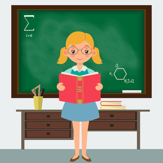 Vector schoolgirl in a classroom  standing at the blackboard