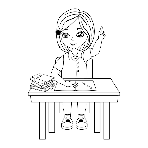 Schoolgirl Raises Hand in Lesson for Coloring Page